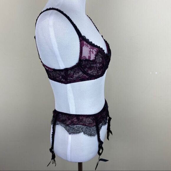 Agent Provocateur Purple Black Bra Garter Set 32B - Picture 5 of 8